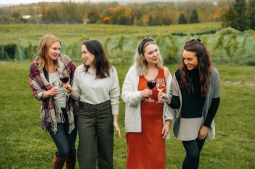 A group of four friends in cozy fall clothing with wine glasses in hand.